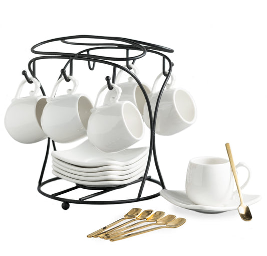 LYEOBOH Espresso Cups with Saucers Set, Porcelain Coffee Cups and Metal Stand and Spoons, Small