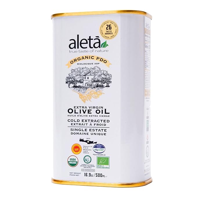 Aleta Farms Olive Oil Extra Virgin, USDA Organic, Single Estate PDO Polyphenol Rich Olive Oil, Cold Pressed, Global Gold Awards, EVOO, Kosher. 16.9 Fl Oz (Pack of 1)