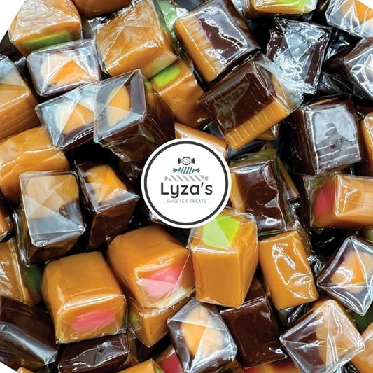 Caramel Cubes Candy Mix 5 LBS (About 375 Count) - Filled Creamy Caramels Individually Wrapped - Vanilla, Chocolate, Apple, Strawberry Assorted Chews - Bulk Gift Bag By Lyza's Sweets & Treats