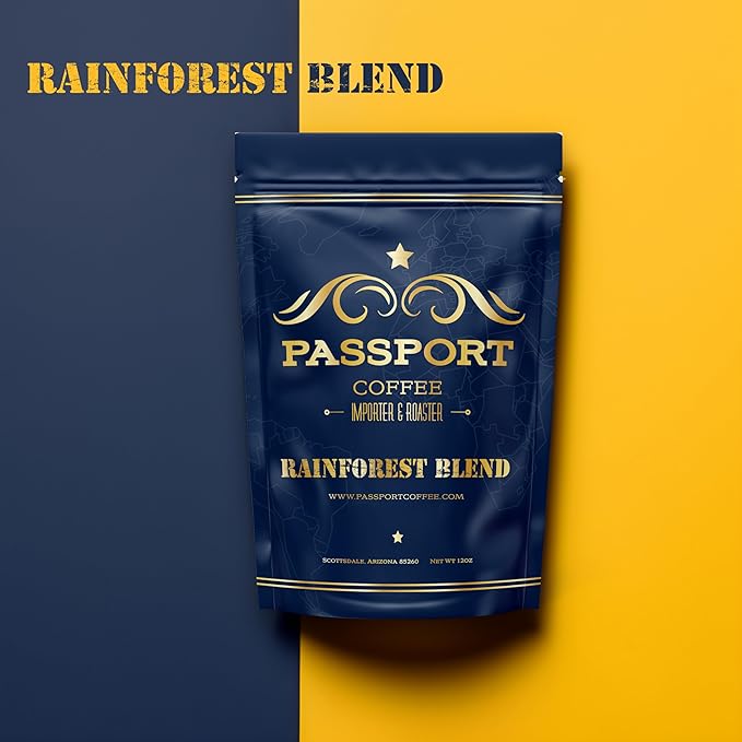 Passport Coffee Rainforest Blend ??Medium & Dark roast blend from Sumatra, Guatemala & Ethiopia. Flavor notes of dark chocolate, and caramel. Premium whole bean coffee,12oz Bag