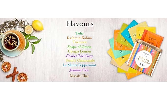 Goodwyn Assorted Herbal Tea Sampler Gift Set Box – 20 Tea Bags (Tulsi, Kahwa, Turmeric, Assam, Green, Lemon & More) | 10 Flavors x 2 Each |Premium Tea Collection in Reusable Tin| Individual bags