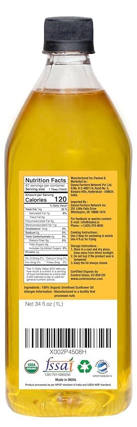 Daana Sunflower Oil: Certified USDA Organic, Extra Virgin, Cold Pressed, High Oleic, Non-GMO. Healthy Oil for Cooking, Baking, Frying, Hair and Skin Care. Pesticide and Chemical Free (34 Fl oz) (Pack of 1)