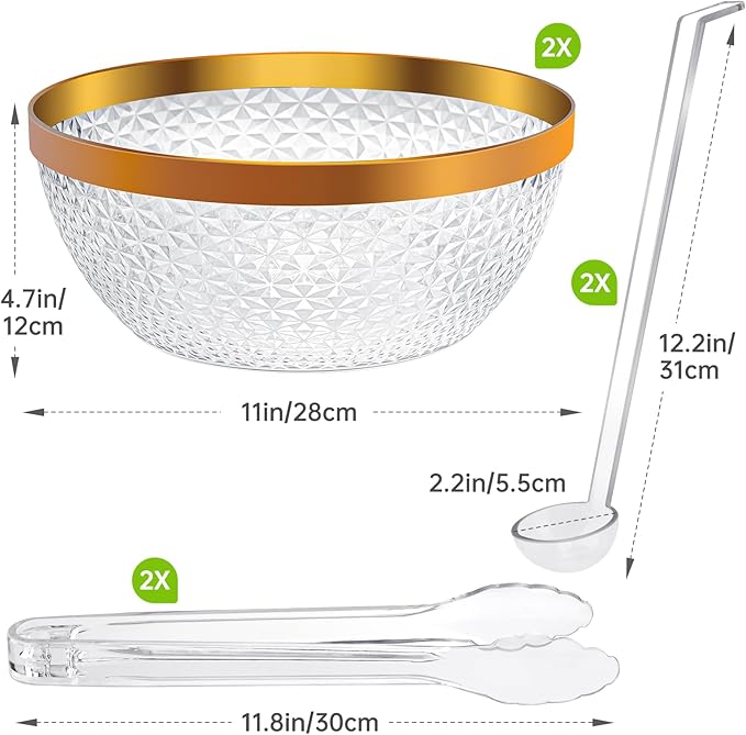 NiHome Gold Trim Clear Plastic Punch Bowl with Ladle and Tong for Parties, Weddings, BBQs, 1.4 Gallon Beverage Serving Bowl Complete Set for Cocktails, Salads, Snacks, Easy to Clean (Set of 2)
