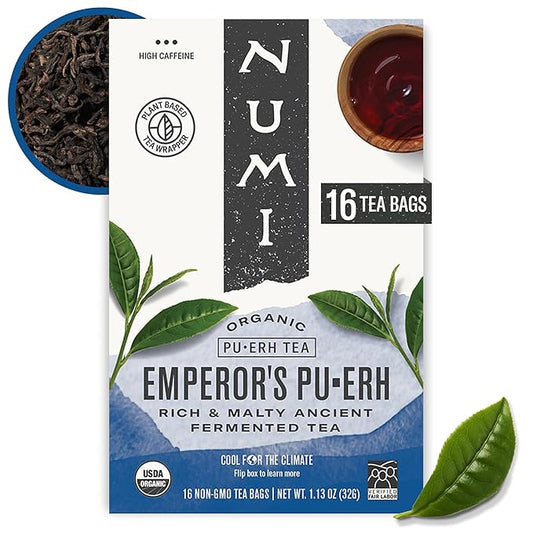 Numi Organic Emperor's Pu-erh Tea, 16 Tea Bags, Aged Fermented Yunnan Black Tea, Caffeinated (Packaging May Vary)