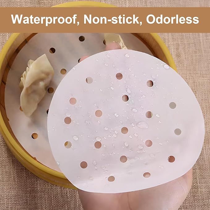 200pcs Air Fryer Liners, 5 inches Bamboo Steamer Liners, Premium Perforated Parchment Steaming Papers, Non-stick Steamer Mat Liner for Air Fryers Baking Cooking Oven