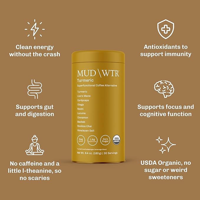 MUD\WTR Turmeric Decaf Mushroom Drink | Zero Caffeine | USDA Organic Mushroom Coffee Alternative | USA Grown | Focus & Immunity Support | Lion's Mane, Chaga, Reishi, Cordyceps | 30 Servings
