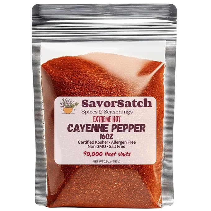 SavorSatch Ground Cayenne Chili Pepper - 90,000 SHU Extreme Heat, 16oz Stand-Up Resealable Pouch | Bulk Powder, Certified Kosher, Product of India, Premium Spice for Cooking & Seasoning