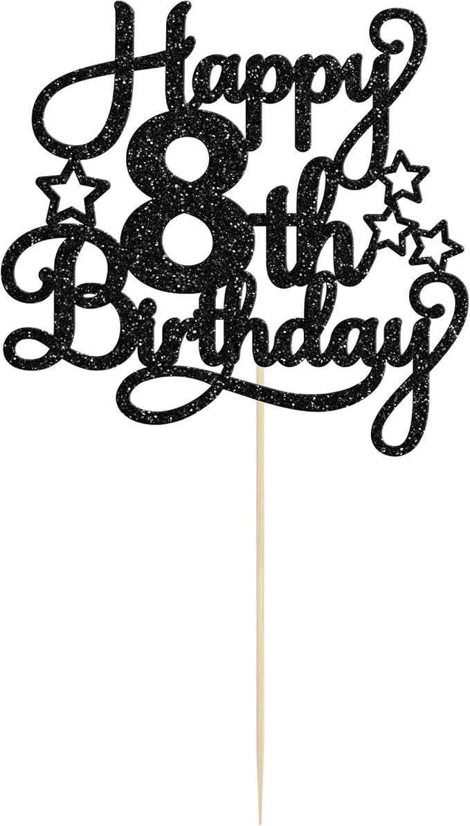 1 Pack Happy 8th Birthday Cake Topper Black Glitter 8th Birthday Cheers to 8 Years Old Birthday Cake Pick for Celebrating 8th Birthday Anniversary Party Cake Decorations Supplies