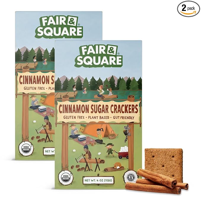 Fair & Square Gluten Free Graham Crackers Powered by Gut Friendly, Prebiotic Banana Flour | Organic, Vegan, Dairy Free, Allergen Friendly, Nut Free, High Calcium, Kosher | 4 oz (Pack of 2) - Cinnamon Sugar Graham Crackers
