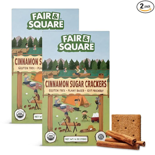 Fair & Square Gluten Free Graham Crackers Powered by Gut Friendly, Prebiotic Banana Flour | Organic, Vegan, Dairy Free, Allergen Friendly, Nut Free, High Calcium, Kosher | 4 oz (Pack of 2) - Cinnamon Sugar Graham Crackers