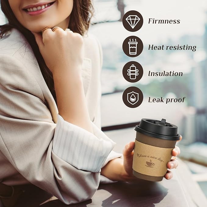LITOPAK 100 Pack 10 oz Paper Coffee Cups with Lids, Sleeves, and Stirring Sticks for Coffee, Water, or Juice, Browm 10 Ounce Disposable Hot Paper Cups for Cafes, schools, offices, shops