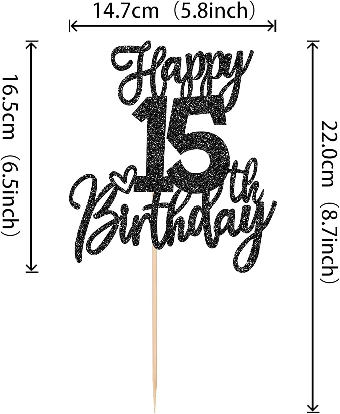 1 PCS Happy 15th Birthday Cake Topper Glitter Cheers to 15 Years Birthday Cake Pick Sweet 15 Fabulous Cake Decoration for Happy 15th Birthday Anniversary Theme Party Decorations Supplies Black