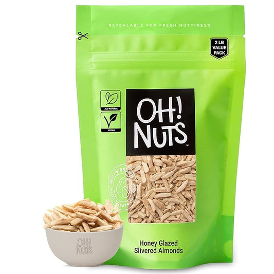 Oh! Nuts Almonds Honey Glazed Slivered - Raw - 100% Natural - 2 lb - High-Protein Almond - Packed in New York Zip-Seal Bag for Exceptional Freshness