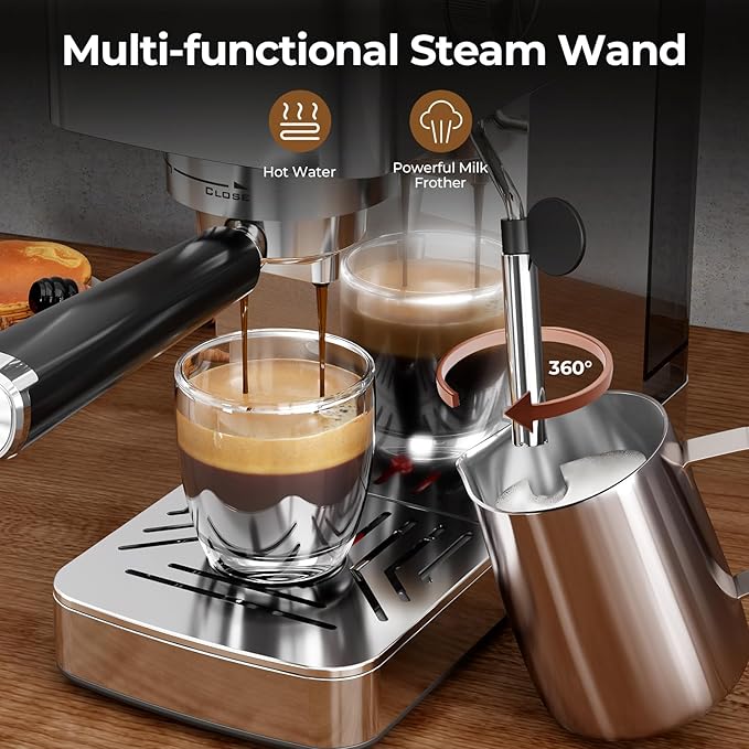 20 Bar Espresso Machine with Milk Frother, Semi-automatic Compact Coffee Maker with Steam Wand for Cappuccino/Latte, 42oz Removable Water Reservoir, Ideal for Home/Office, Stainless Steel