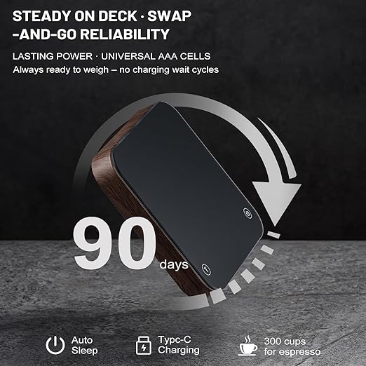 KitchenTour Caf챕Metric Coffee Scale with Timer 0.1g/2000g - Precision Scale for Espresso & Pour Over - Water Flow Speed Mode and Coffee Powder-to-Liquid Ratio Mode - Rechargeable, LCD Display-Wood