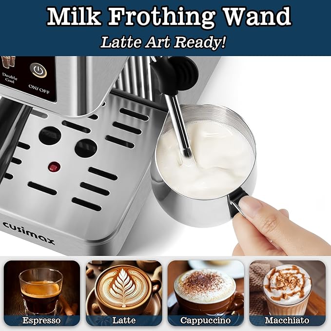 CUSIMAX Espresso Machine 20Bar Compact Espresso Maker with Powerful Steam Wand for Latte & Cappuccino, Stainless Steel Coffee Machine with 34oz Remevable Water Tank