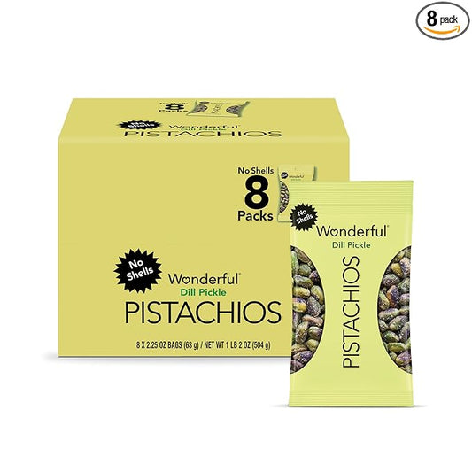 Wonderful Pistachios No Shells, Dill Pickle Flavored Nuts, 2.25 Ounce Bag (Pack of 8), Protein Snacks, Healthy Snack, Travel Snacks