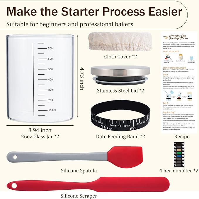 Sourdough Starter Glass Jar, 26 OZ Large Wide Mouth Jar for Sour Dough Starter, Easy to Use Sourdough Bread Baking Supplies Kit for Beginners and Pro, 2 Pack