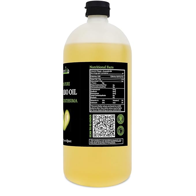 GreenIVe Avocado Oil Naturally Grown 100% Pure Natural without Additives, Clean, Cold Pressed, Non-GMO, Vegan: For Cooking, Frying, Baking and for Sauces, Dressings, Marinades, Salads (32 Ounce)