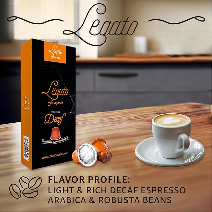 Legato Espresso Capsules - 10/100 count - Single-Serve Coffee Pods - Compatible with Nespresso OriginalLine Machine - Cafe-style Coffee at Home (10, Decafe Strength 2)