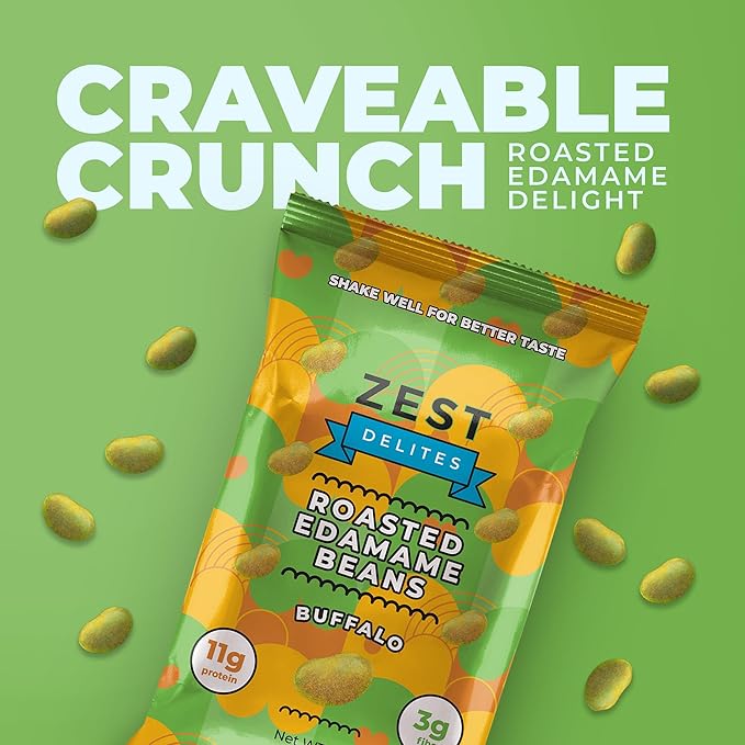 Crunchy Dry Roasted Edamame Beans Snack by Zest Delites, Buffalo, Vegan, Low Calorie (100cal) High Protein Snacks (11g), Low Carb, Keto, Gluten Free, 0.9 oz 24 Packs