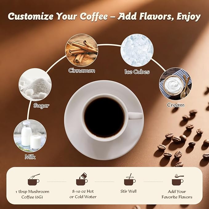 Organic Mushroom Coffee for Energy, Focus, Immunity & Digestion ??Instant Coffee & 6 Mushrooms: Cordyceps, Reishi, King Trumpet, Shiitake, Turkey Tail & Lion?™s Mane (1 Count (Pack of 1), 30 Servings-Medium Roast)