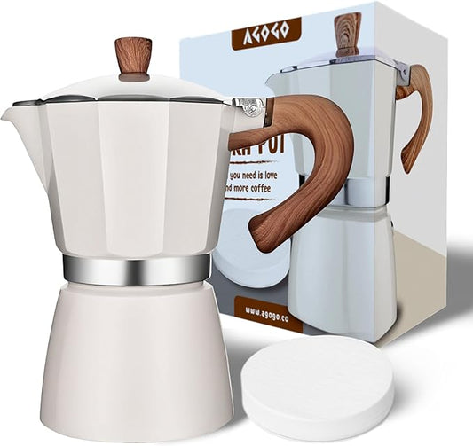 AGOGO Milano Moka Pot, Stovetop Espresso Maker, Greca, Coffee Percolator, Turkish Coffee Maker with Paper Filter, 6 Cup, Cream Color