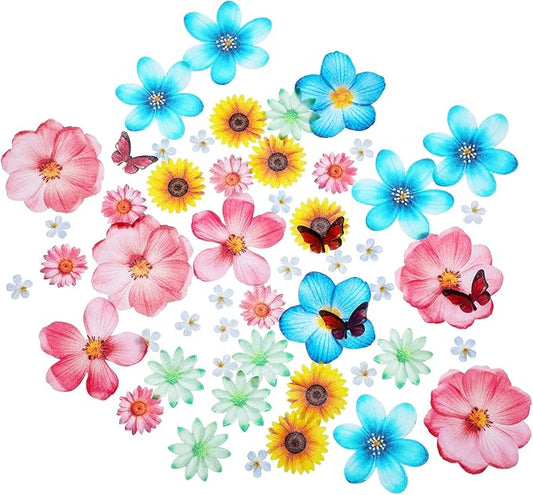 55Pcs Edible Flower Butterfly Cake Topper, Mixed Size & Colour Wafer Paper Cupcake Toppers, Wedding Party Flowers Decoration for Cake, Birthday, Baby Shower Supplies