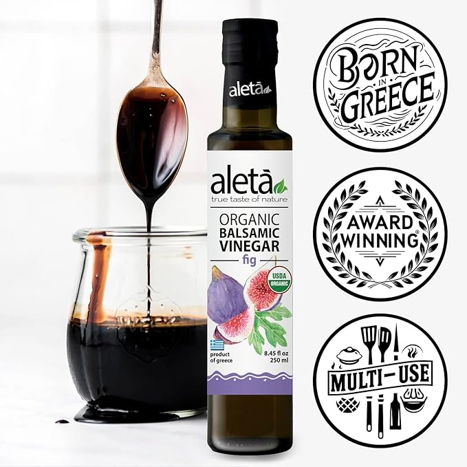 Aleta Farms Fig Balsamic Vinegar, Greek Organic Flavored Vinegar, USDA Organic, Perfect for Salad Dressings, Pasta, Desserts & Cocktails, Naturally Gluten Free, 8.45 fl oz (Fig)