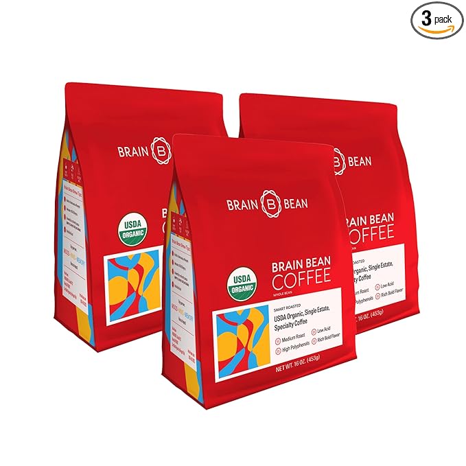 Brain Bean Organic Coffee ??Smooth Taste & Rich Medium Roast ??High Antioxidant & USDA certified organic for Cognitive Support, Mood Enhancement & Toxin Removal - Whole Bean Coffee ??16 oz (3-Pack)