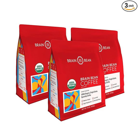 Brain Bean Organic Coffee ??Smooth Taste & Rich Medium Roast ??High Antioxidant & USDA certified organic for Cognitive Support, Mood Enhancement & Toxin Removal - Whole Bean Coffee ??16 oz (3-Pack)