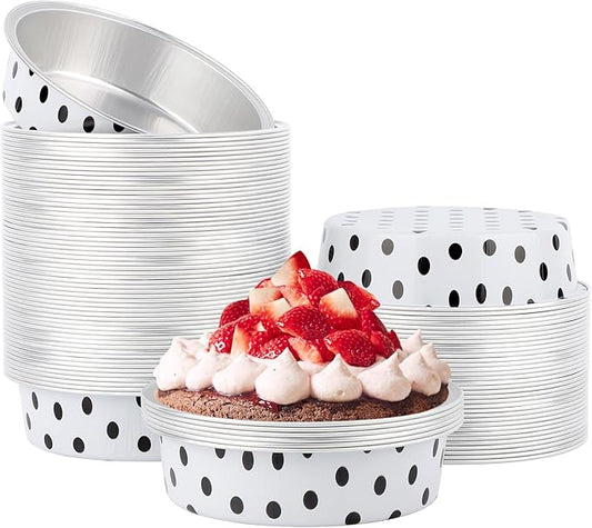 Beasea Aluminum Ramekins Disposable, 100 Pack 4" 7.3oz 215ml Baking Foil Cups Mini Ramekin Cup Cupcake Aluminum Baking Cups No Lids for Party - Black Dot in White