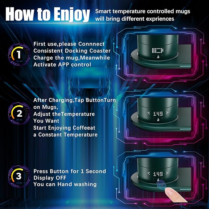 Smart Self Heating Coffee Mug 18 Oz Temperature Control Heated Coffee Mug App Controlled Warmer Mug 5-10 Hour LED Display Keep Coffee Hot All Day Fast Wireless Charger Base Jade Green