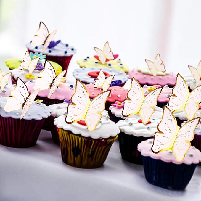 30pcs White Gold Edge Mixed Size Lively 3D Waterproof Butterfly Cupcake Topper for Girls Women's Happy Birthday Wedding Party Cake Wall Party Food Decorations
