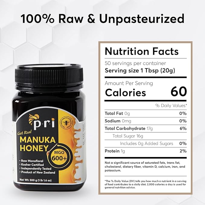 P.R.I Manuka Honey, MGO 600+, 1.1LB New Zealand Raw Monofloral Manuka Honey (500g)