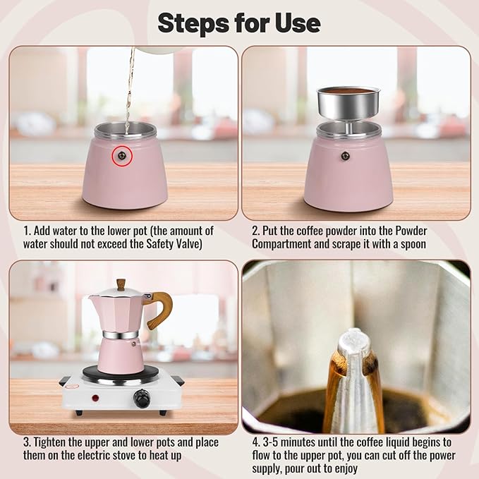 3 Cup Aluminum Moka Pot Classic Stovetop Espresso Coffee Maker 150ml 5oz Coffeemaker Percolator Mocha Pot Greca Coffee Maker Cafe Makers for Italian and Cuban Cafì±?Brewing Pink