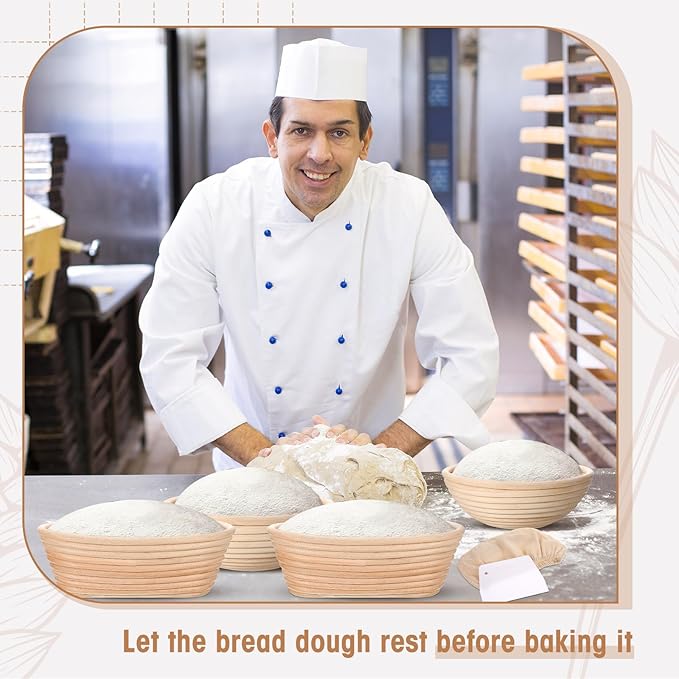 Gejoy 20 Sets Bread Proofing Baskets Bulk Shaped Banneton Dough Proofing Bowls Kit with Cloth Liner and Plastic Scraper Sourdough Proofing Basket for Home Sourdough Bakers (Round, Oval, 9'', 10'')