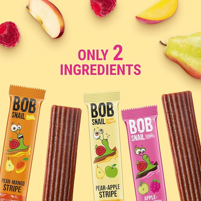 BOB SNAIL Healthy Organic Fruit Snacks for Kids and Adults ??30 Organic Fruit Leather Snacks with Pear-Apple, Raspberry, Mango ??Vegan Low-Carb Variety Pack Strips for Kids ??Sugar Free Jerky Bars