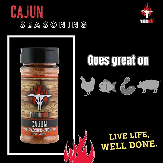 Gourmet Cajun Seasoning | No Artificial Flavors, No MSG added | Premium Cajun Rub for Chicken, Fish, Shrimp and Pork | Runnin Wild Foods, 6.7 ounces