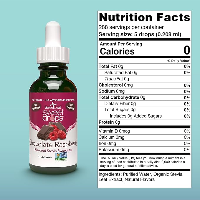 SweetLeaf Sweet Drops - Flavored Stevia Liquid Sweetener, Organic Stevia Extract, Zero Calories, Gluten Free, Keto Friendly, Non GMO, Natural Flavors - Chocolate Raspberry, 2 Fl Oz (Pack of 1)