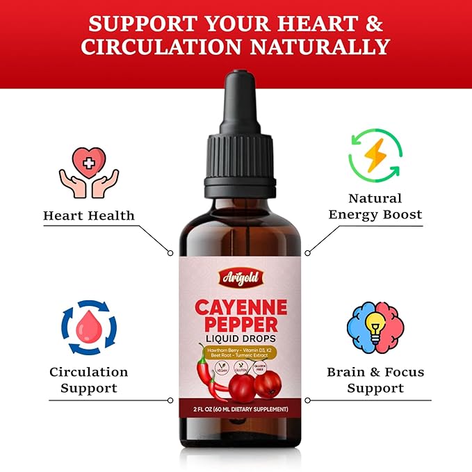 Arigold Cayenne Pepper Liquid Drops ??2 fl oz (60 ml) Vegan Supplement with Vitamin D3 K2, Hawthorn Berry, Beet Root, Turmeric, Ceylon Cinnamon, Berberine & Ginseng - Non-GMO Gluten-Free.