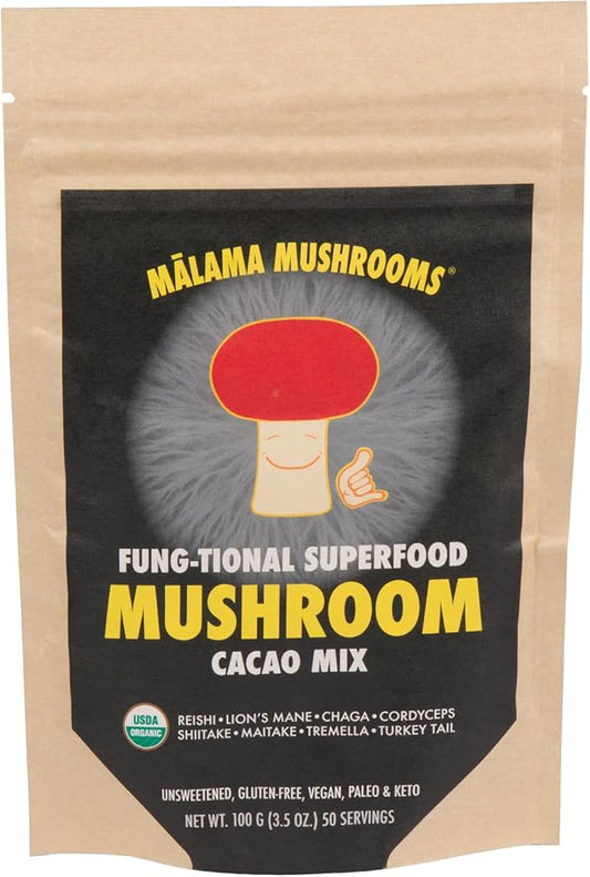 Malama 8-Mushroom Hot Cacao Mix, Organic Chocolate Blend Mushroom Powder for Focus & Inmune Support