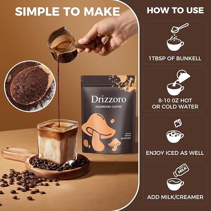 Mushroom Coffee, 15 Servings Organic Mushrooms Instant Coffee, Powder for Energy, Digestion & Immune Support, 6 Superfood Lion's Mane, Reishi, Cordyceps, Shiitake, King Trumpet & Turkey Tail