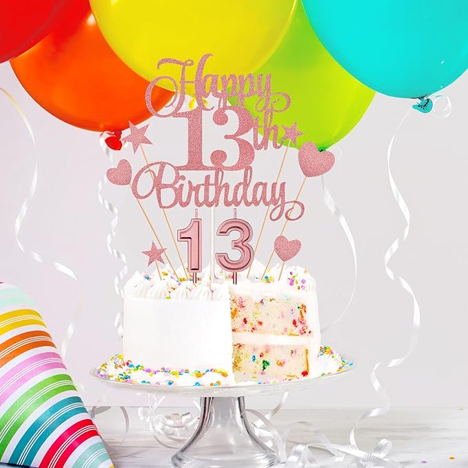 13th Birthday Cake Decorations Set Include Digital Candles 1&3 Numeral 13 Cake Candles and Happy 13th Birthday Cake Toppers with Heart Star Cupcake Picks for Birthday Party Supplies (Rose Gold Series)