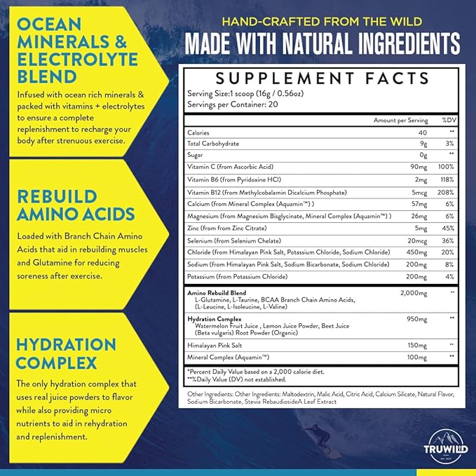 TruWild Natural Hydration Powder with Zero Sugar, Vegan Electrolytes + Amino Acids, Recovery Drink for Everyday Use, Post Workout Muscle Support Supplement with Magnesium (Passionfruit Guava)