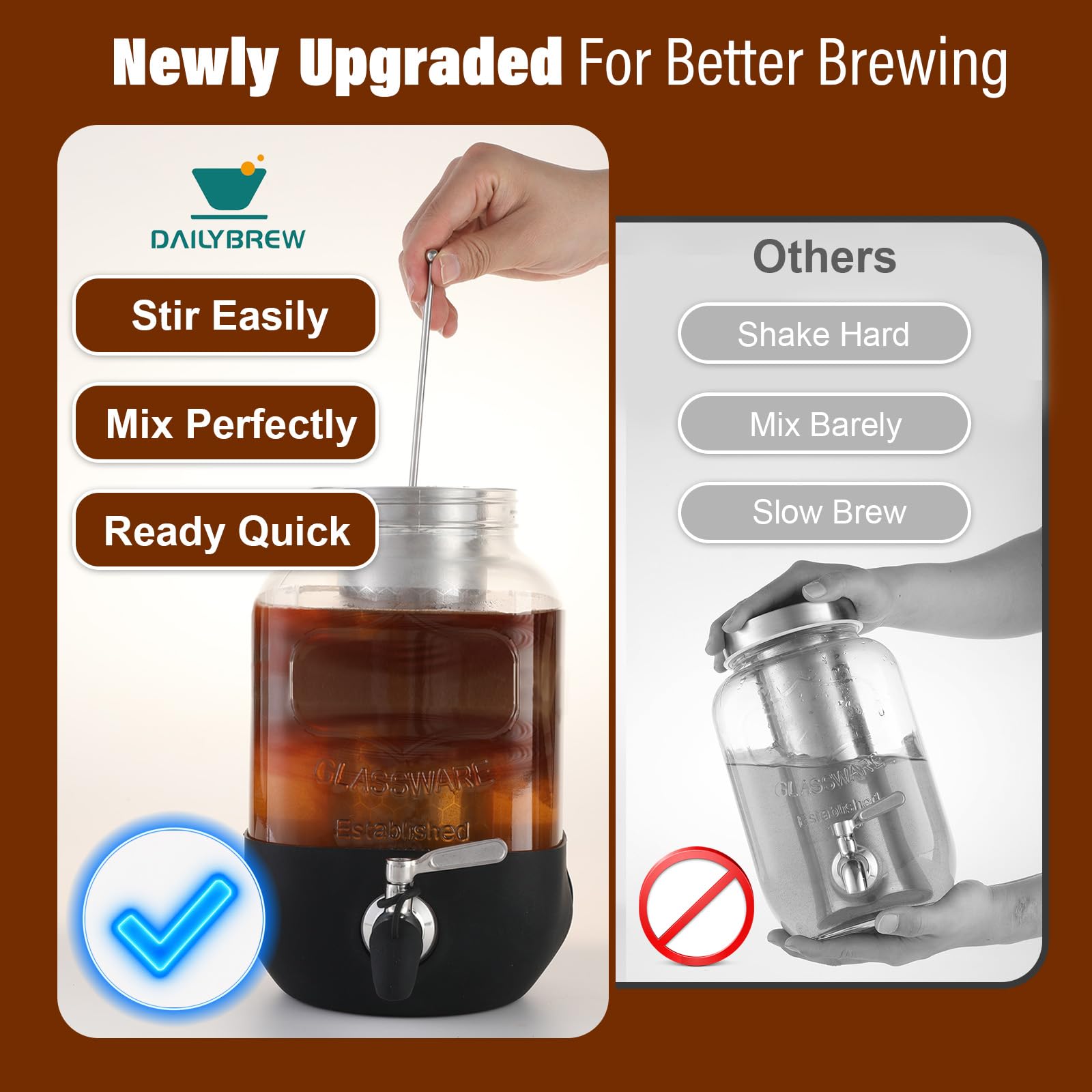 Cold Brew Coffee Maker, 1 Gallon Iced Coffee Maker With Stainless Steel Filter, Heavy Duty Glass