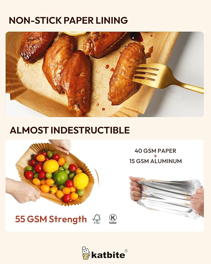 Katbite Rectangle Air Fryer Liners Disposable for Greasy Foods,8.6x5.5",Non-Stick Food-Grade Paper Inside &Reinforced Aluminum Outside,Airfryer Accessories for Dual Basket,Foodi DZ201,DZ401,DZ090