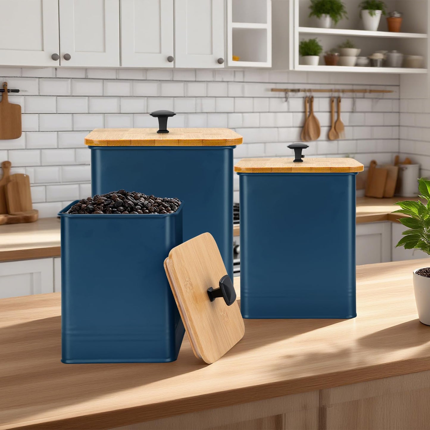 Kitchen Canisters Set of 3, Metal Flour Sugar Storage Containers with Airtight Lids-Canisters Sets