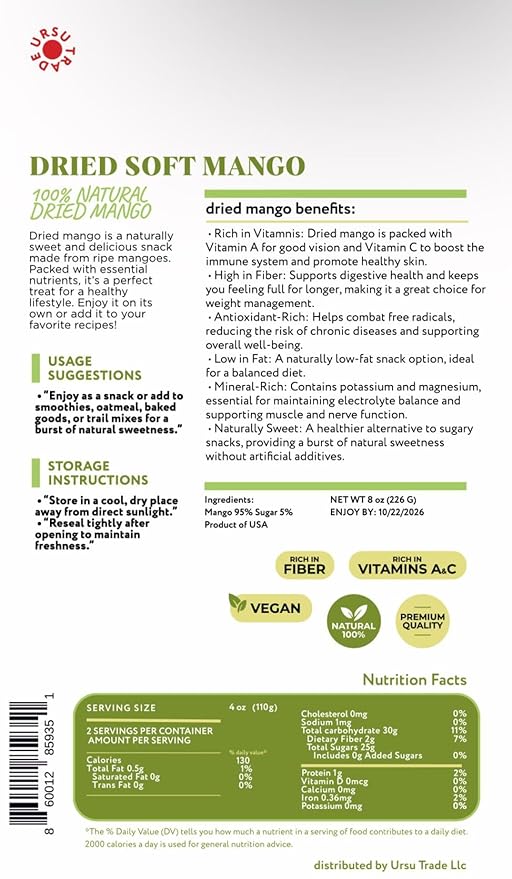 Soft & Juicy Dried Mango Slices – Naturally Sweet, Low Sugar Healthy Snack – Vegan, Gluten-Free, Non-GMO, Rich in Fiber & Vitamins A & C – 8oz (226g)