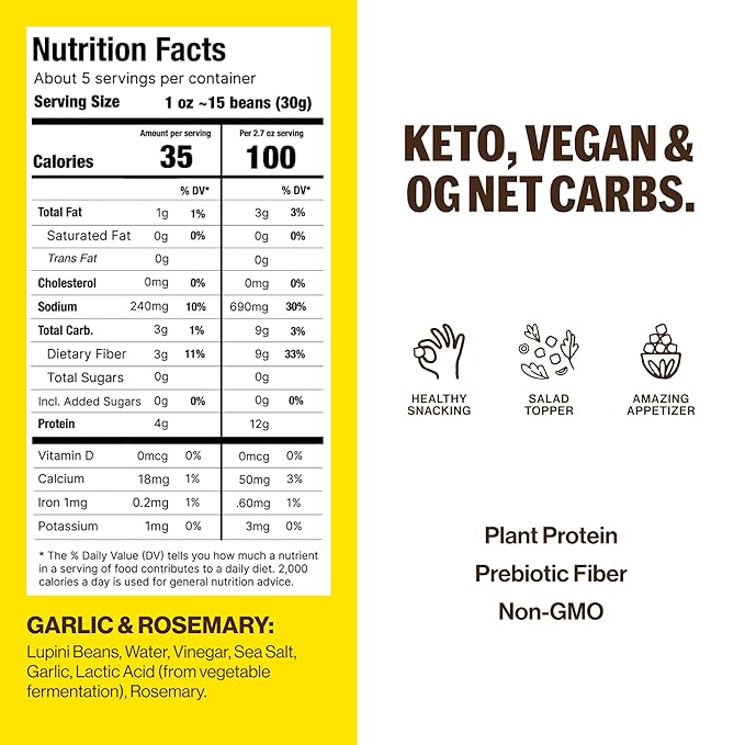 Brami Lupini Beans Snack, Garlic & Rosemary | 7g Plant Protein, 0g Net Carbs | Vegan, Vegetarian, Keto, Plant Based, Mediterranean Diet | 5.3 Ounce (8 Count )